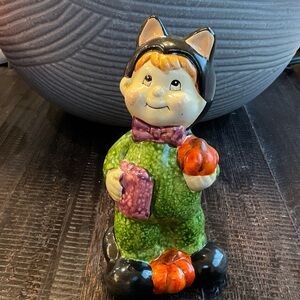 Charming Halloween Cat Figurine in Green and Black
